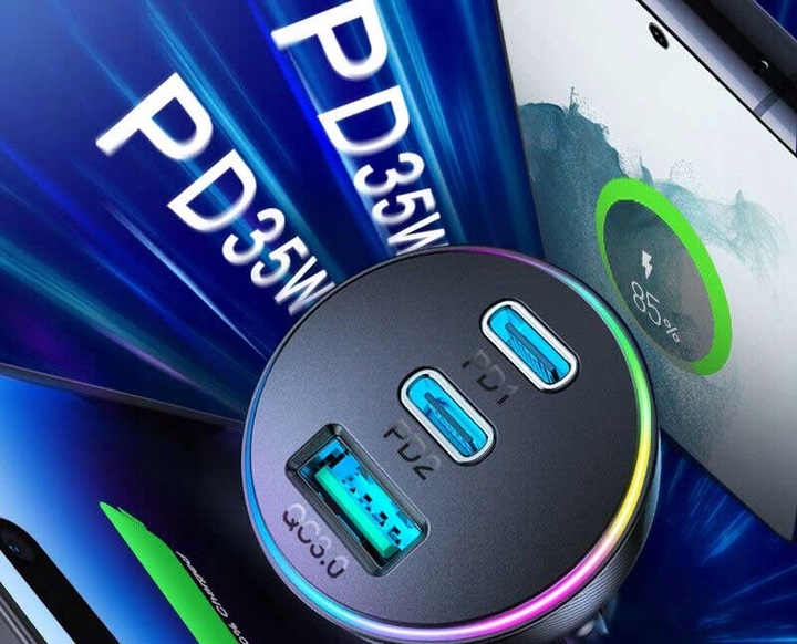 JOYROOM SZYBKA ŁADOWARKA SAMOCHODOWA 70W 1xUSB, 2xUSB C PODŚWIETLANA