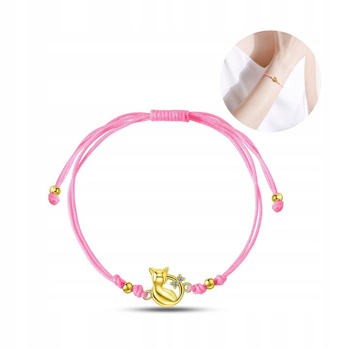 Srebrna bransoletka dla dziewczynki sznurkowa kotek srebro 925 pozłacane