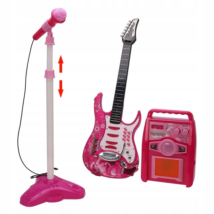 DUŻA GITARA ELEKTRYCZNA DLA DZIECI MIKROFON piecyk STATYW WZMACNIACZ RÓŻOWA