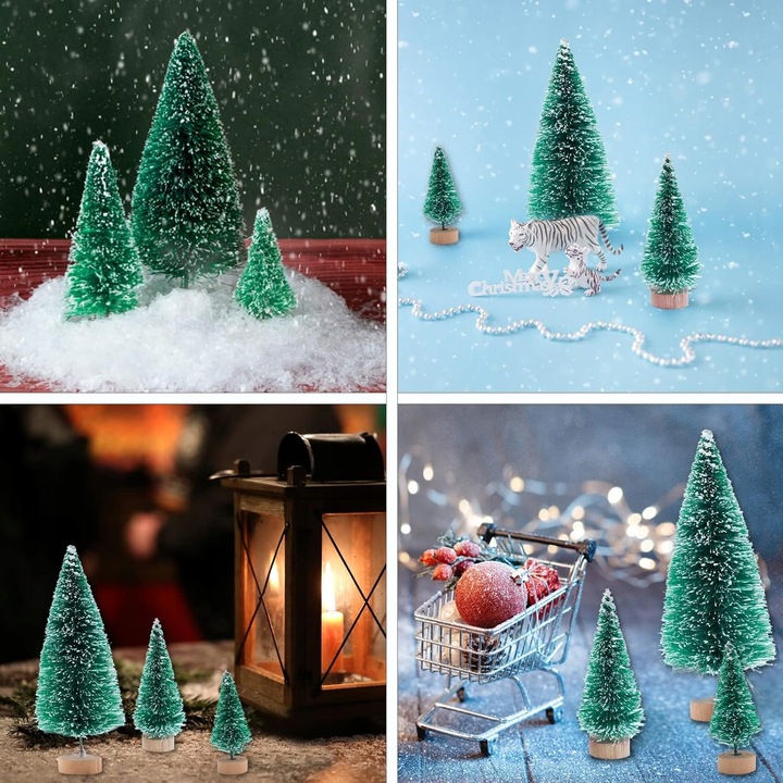 12 MINIATUROWYCH ZIELONYCH CHOINEK Z Efektem Śniegu Zestaw Do Dekoracji
