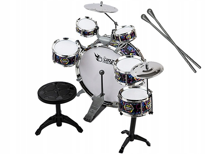 PERKUSJA DUŻA DLA DZIECI ZESTAW 6 BĘBNÓW 2 TALERZE TABORET ZABAWKA MUZYCZNA