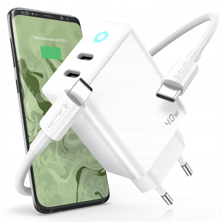JELLICO ładowarka sieciowa EU19 GaN PD 40W 2xUSB-C Biały + Kabel 2x USB - C