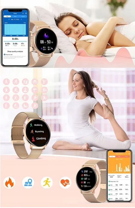SMARTWATCH ZEGAREK DAMSKI POLSKIE MENU ROZMOWY WIADOMOŚCI 4 PASKI