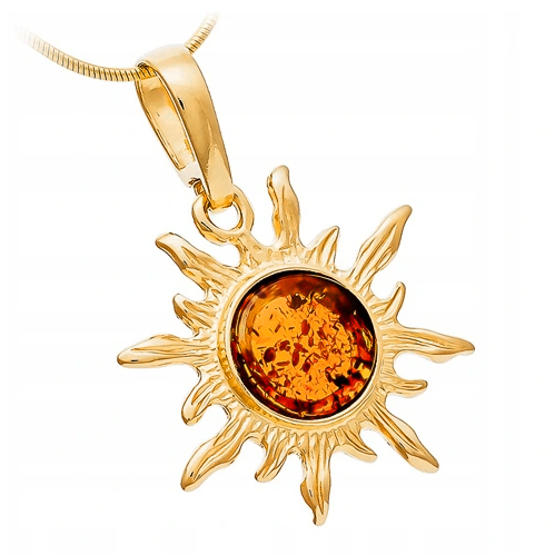 ZŁOTY WISIOREK słońce SREBRO z BURSZTYN łańcuszek