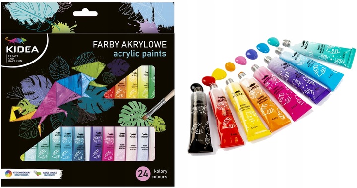 Farby akrylowe Kidea 24 szt. x 6 ml WYSOKIE KRYCIE niezwykle wydajne szkoły