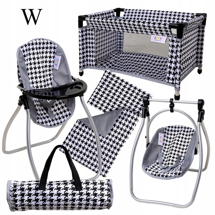 Zestaw dla lalek ŁÓŻECZKO + KRZESEŁKO do karmienia dla laki HUŚTAWKA 2w1