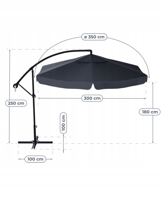 PARASOL OGRODOWY 350cm SKŁADANY NA WYSIĘGNIKU WODOODPORNY + POKROWIEC SZARY