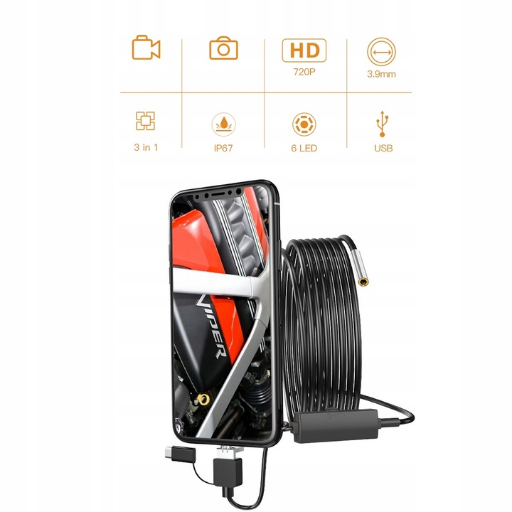 KAMERA ENDOSKOPOWA INSPEKCYJNA ANDROID PC APP USB-C 3.9mm 3.5m 6 LED IP67