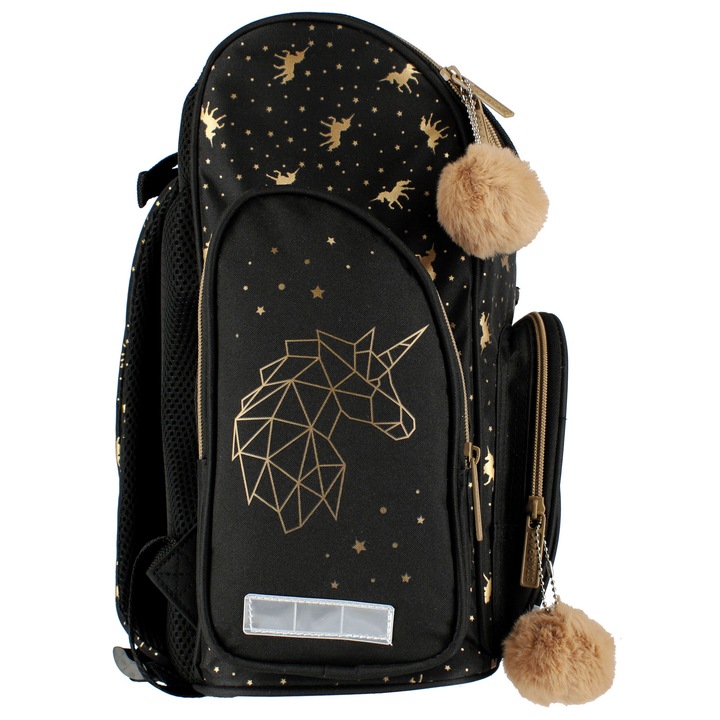 TORNISTER PLECAK SZKOLNY CZARNY ZŁOTY JEDNOROŻEC PIÓRNIK TUBA BIDON 5EL