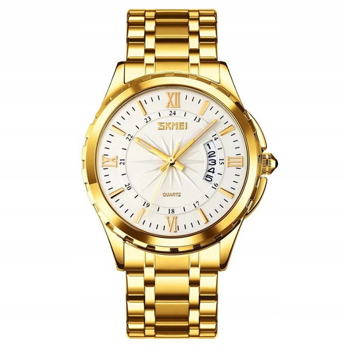 Zegarek męski bransoleta srebrny złoty czytelna tarcza datownik