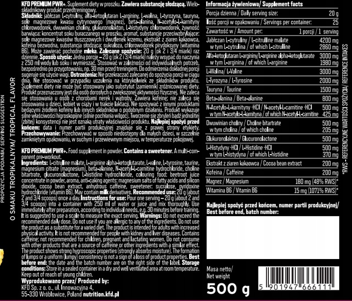Przedtreningówka KFD Pre-Workout+ 500g Tropikalny