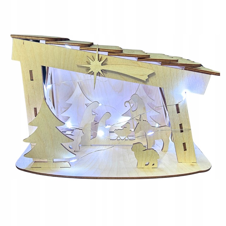 ŚWIĄTECZNA SZOPKA Z DREWNA BETLEJEM STAJENKA Z LAMPKAMI STOJĄCA OZDOBA 22CM