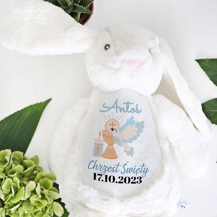 Miś Przytulanka Maskotka Króliczek Prezent Na Chrzest Święty IMIĘ DATA