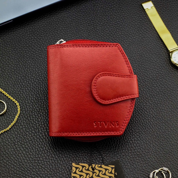 Portfel Damski Skórzany STEVENS Mały Czerwony Zapinany Portmonetka RFID