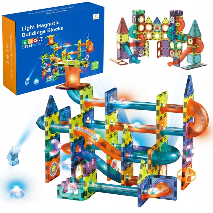 Klocki Magnetyczne Świecące Tor Kulkowy 110 Elementów Kulodrom