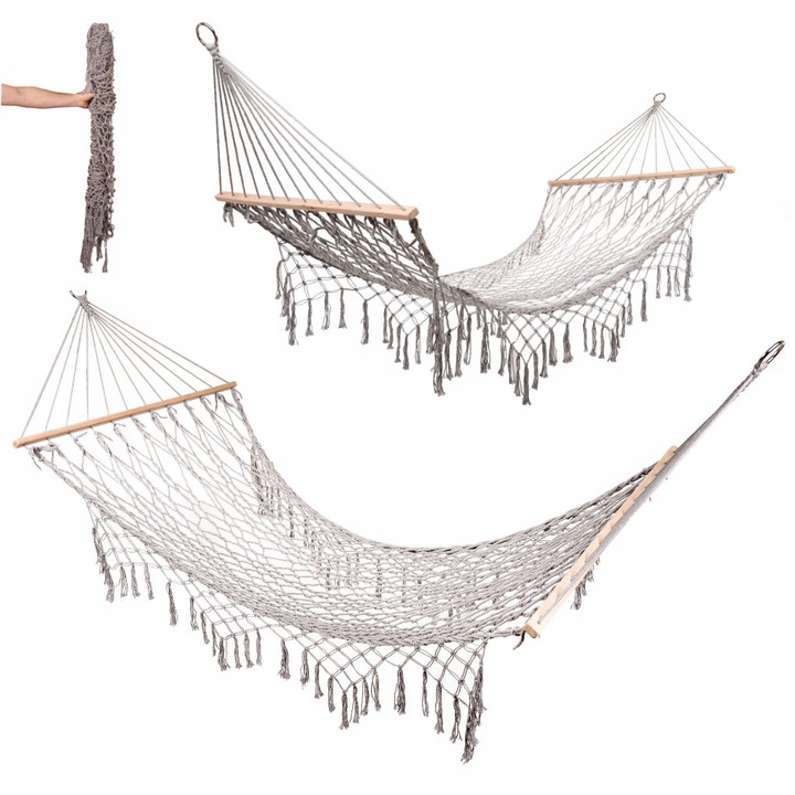 HAMAK OGRODOWY SIATKA MAKRAMA WISZĄCY LEŻAK BOHO FRĘDZLE 200 CM SZARY DUŻY