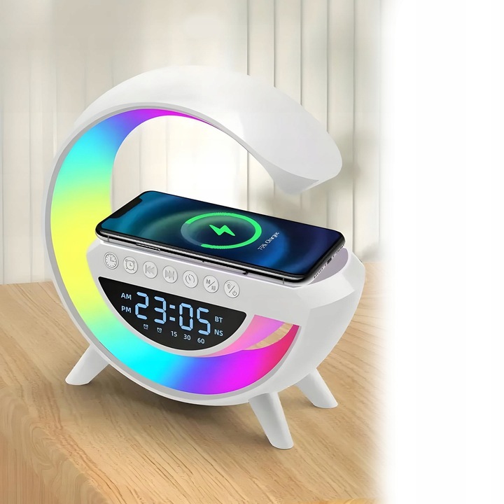 Lampka nocna biurkowa 6w1 | Zegar | Budzik | Radio | Ładowarka | Głośnik