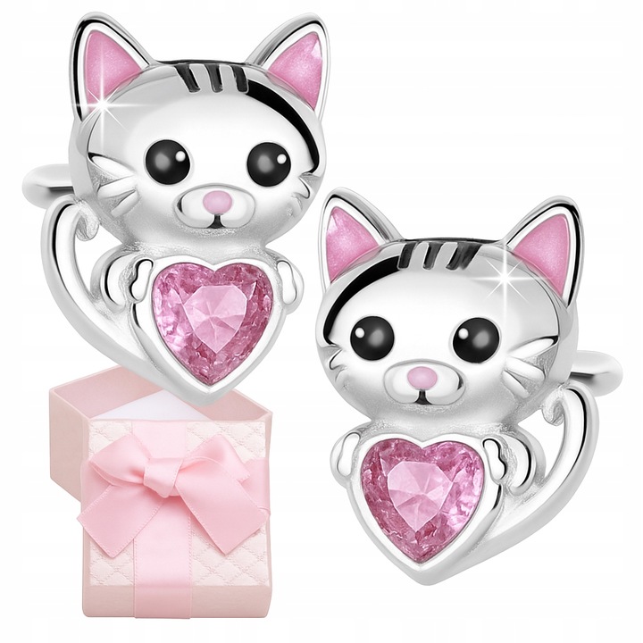 Kolczyki Srebrne Dla Dziewczynki Rodowane Kotki Srebro 925 Sztyfty Serce