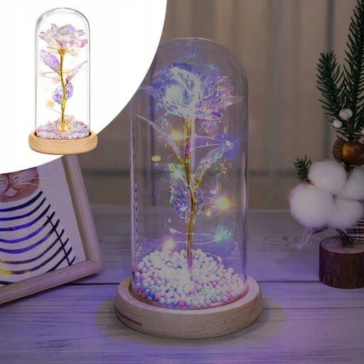 WIECZNA RÓŻA W SZKLE ŚWIECĄCA LED PREZENT PUDEŁKO NA WALENTYNKI DZIEŃ BABCI