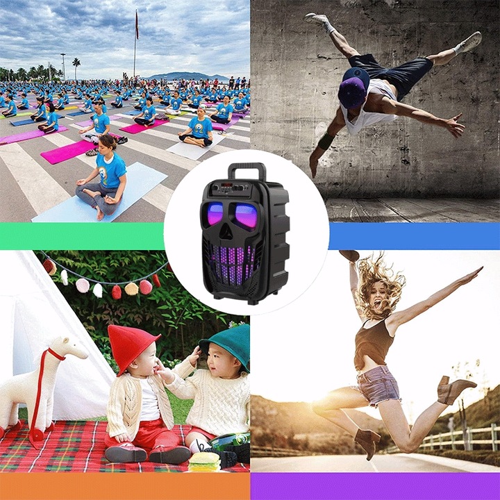 GŁOŚNIK BEZPRZEWODOWY PRZENOŚNY KARAOKE BLUETOOTH RADIO MIKROFON LED USB