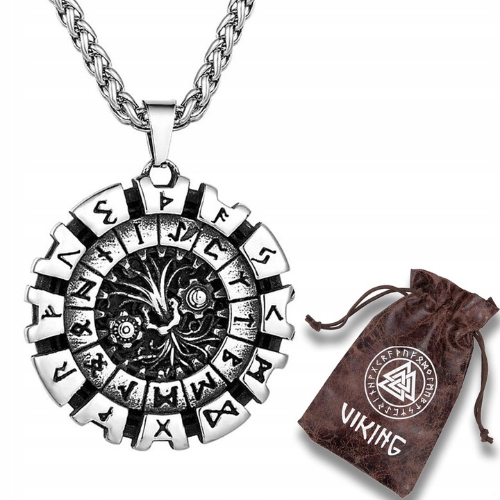Okrągła Zawieszka Wikingów Runy Nordyckie Stal Chirurgiczna