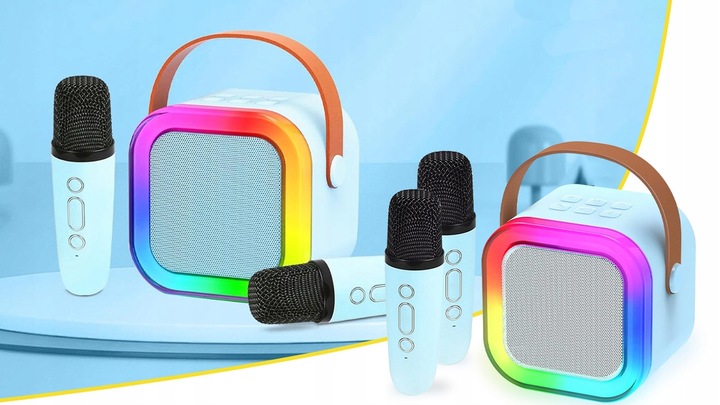 ZESTAW GŁOŚNIK BLUETOOTH PRZENOŚNY KARAOKE RGB 2 MIKROFONY USB SD MINI JACK