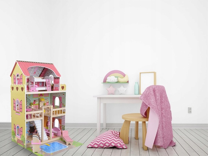 Duży Domek Dla Lalek XXL Drewniany Mebelki Do Zestawu Oświetlenie LED