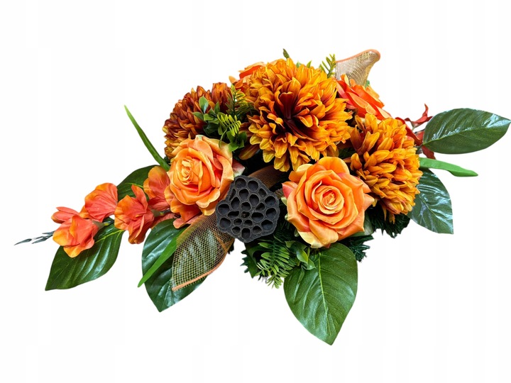 Stroik na cmentarz RÓŻE, komplet z flakonem CHRYZANTEMY bukiet do wazonu