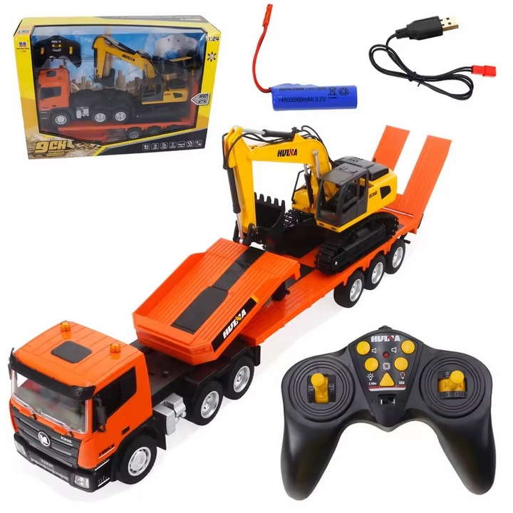 OGROMNA CIĘŻARÓWKA Z PRZYCZEPĄ SAMOCHÓD LAWETA KOPARKA RC 2x PILOT 1319