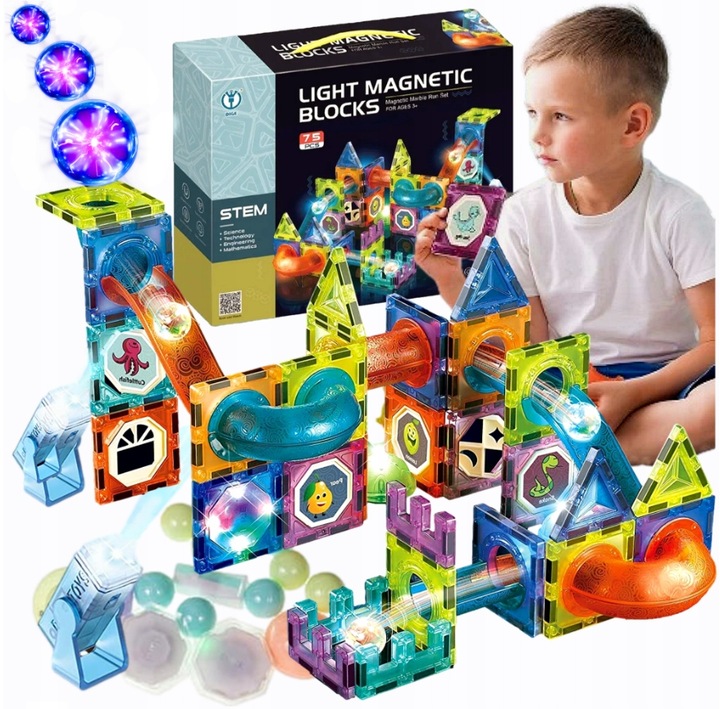 KLOCKI MAGNETYCZNE KONSTRUKCYJNE ŚWIECĄCY TOR Dla Dzieci MAGNETIC TILES 75