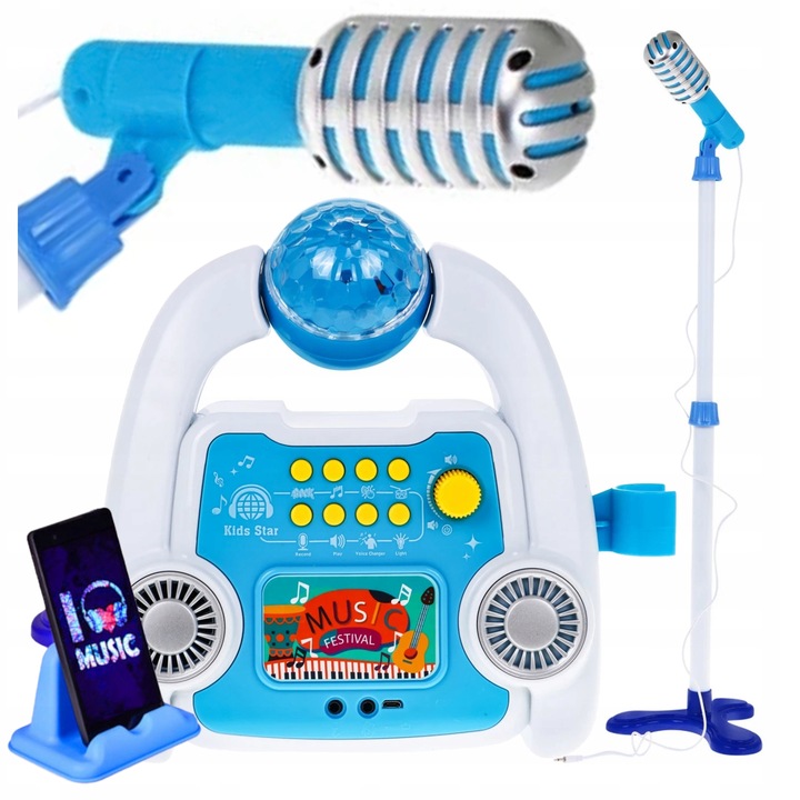 ZESTAW DO KARAOKE MIKROFON DLA DZIECI WZMACNIACZ STATYW EFEKTY NAGRYWANIE