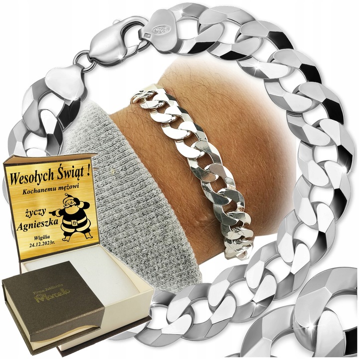 SREBRNA BRANSOLETKA MĘSKA 925 PANCERKA 10,5mm DIAMENTOWANA GRAWER GRATIS