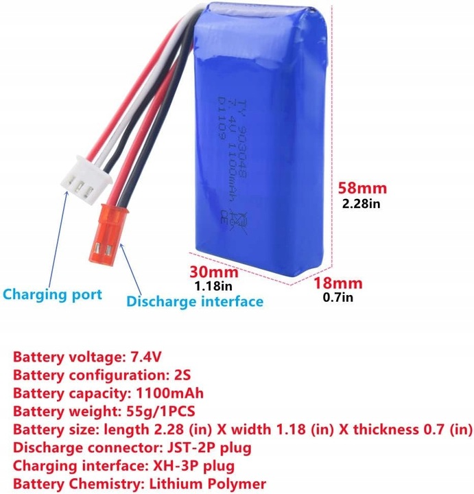 Zestaw 2 baterii 7,4 V 1100 mAh Ładowarka WLtoys A949, A959, A969, A979,