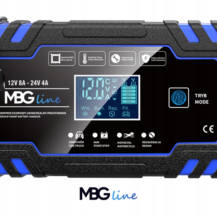 Mocny Prostownik Samochodowy Ładowarka Akumulatora LCD 24V 12V 8A AUTOMAT