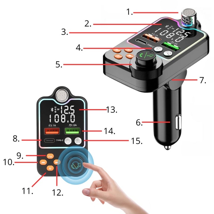 TRANSMITER BLUETOOTH SAMOCHODOWY BT 5.0 ŁADOWANIE QC 3x USB RGB AUDIO FM