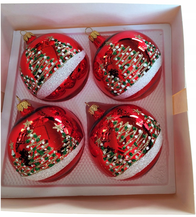 ZESTAW 4 BOMBEK SZKLANYCH 8CM RĘCZNIE DEKOROWANE CZERWONE