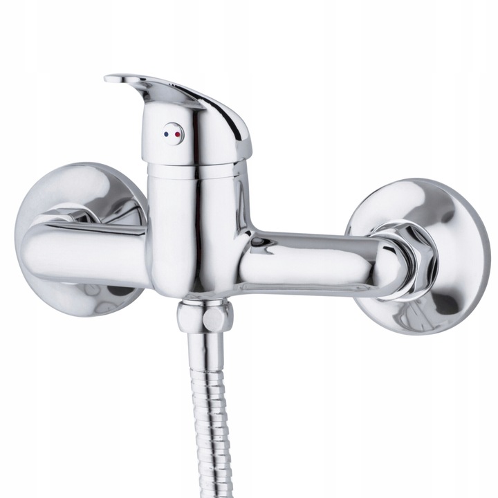 Bateria prysznicowa srebrna ścienna jednouchwytowa ze słuchawką i wężem