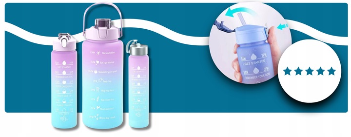 BIDON BUTELKA na WODĘ MOTYWACYJNA Zestaw 3 SZT. SHAKER FITNES 2L 0,7L 0,3L