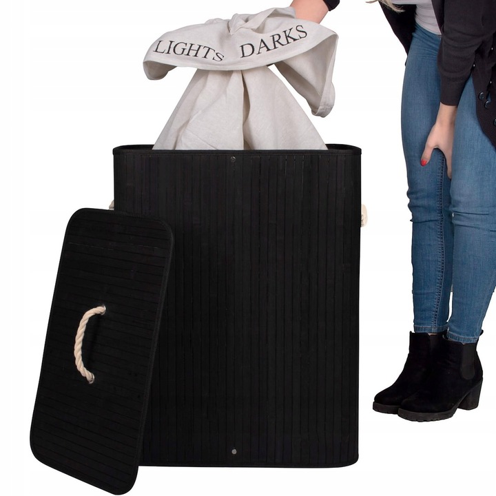 KOSZ BAMBUSOWY NA PRANIE BIELIZNĘ DWUKOMOROWY Z POKRYWĄ POJEMNIK DUŻY 100L