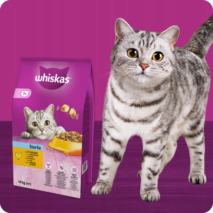 SUCHA KARMA WHISKAS STERILE DLA KOTA PO STERYLIZACJI Z KURCZAKIEM 14KG