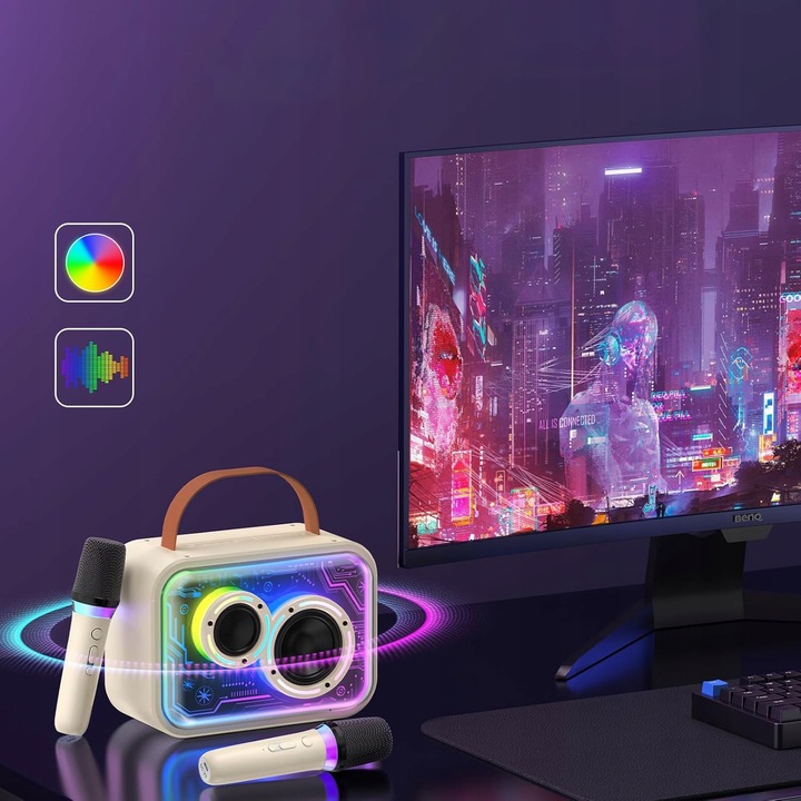 MASZYNA GŁOŚNIK KARAOKE Z 2 MIKROFONY BEZPRZEWODOWE BLUETOOTH LED KOLOROWA