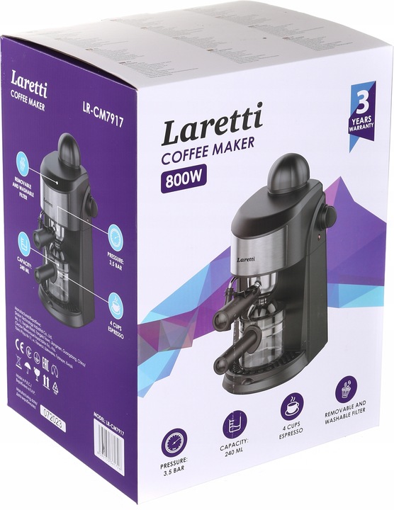 Ekspres do kawy Laretti Pobór mocy: 800 W, Ciśnienie pary 3,5barów,
