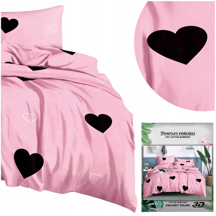 KOMPLET POŚCIELI WALENTYNKI Satyna bawełna 200x220 CM + 2 POSZEWKI 70x80 CM