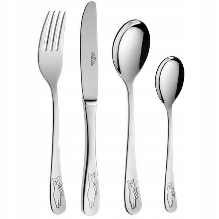 GERLACH SZTUĆCE DZIECI DZIECIĘCE KOMPLET 4EL KOTKI STAL NIERDZEWNA BON TON