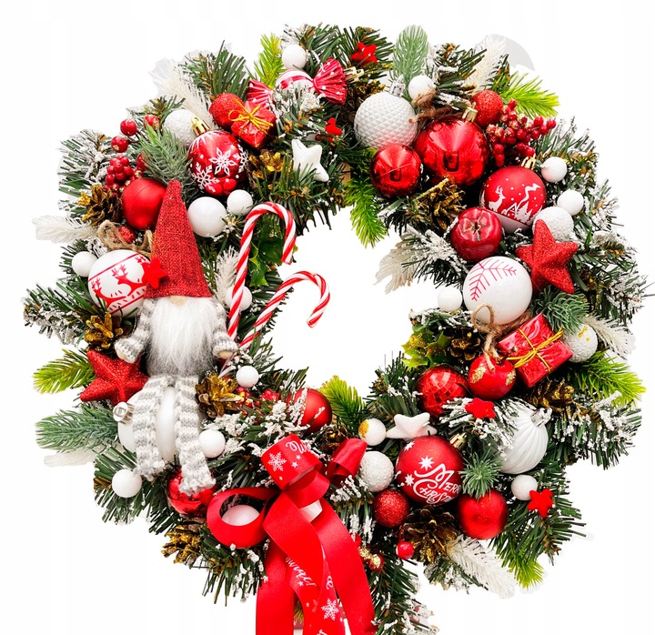 Wianek świąteczny 45cm biało-czerwony ze skrzatem wieniec stroik lampki LED
