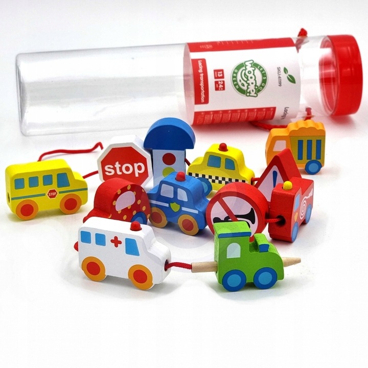 Drewniane Klocki do Nawlekania Pojazdy auta 13 el.