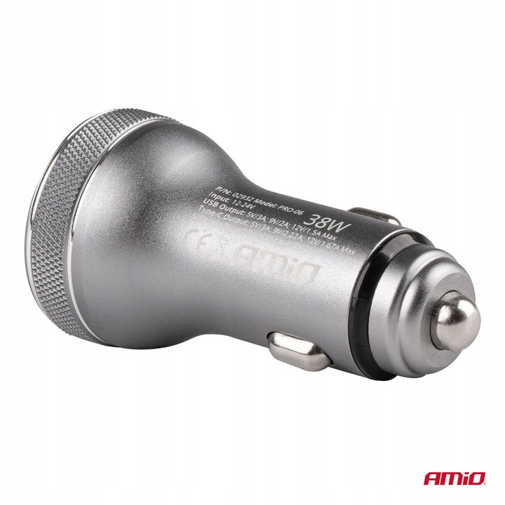 Ładowarka samochodowa 38W z woltomierzem USB + USB-C do auta samochodu