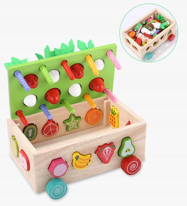 Układanka Montessori Sorter Klocków Złap Robaczka Drewniany Wózek Marchewki
