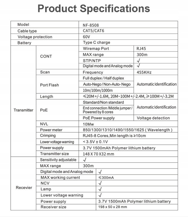 TESTER LAN POE ŚWIATŁOWODÓW SZUKACZ PAR NOYAFA NF-8508