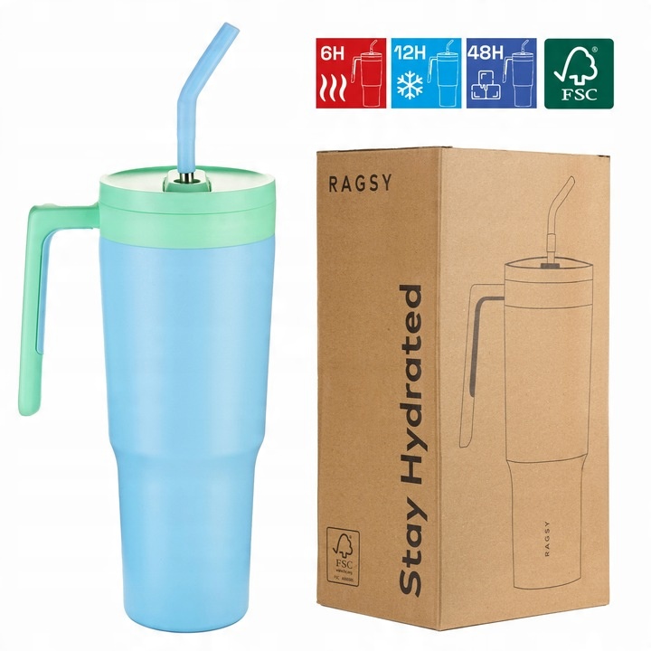 Duży Kubek Termiczny ze słomką i uchwytem OMI Tumbler 1200 ml - Sky